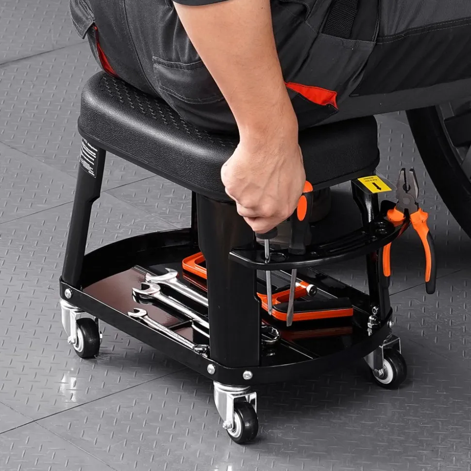 VEVOR Mechanic Stool, 300 lbs Capacity Garage Seat/Work Stool with Wheels, 360° Swivel Rolling Workshop Stool with Tool Tray and Screwdriver Rack, Heavy-Duty, for Garage, Shop & Auto Repair, Black