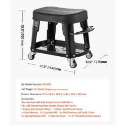 VEVOR Mechanic Stool, 300 lbs Capacity Garage Seat/Work Stool with Wheels, 360° Swivel Rolling Workshop Stool with Tool Tray and Screwdriver Rack, Heavy-Duty, for Garage, Shop & Auto Repair, Black