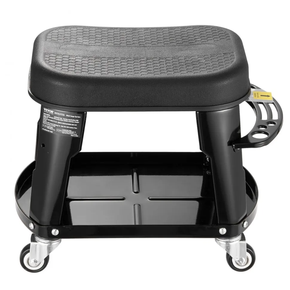 VEVOR Mechanic Stool, 300 lbs Capacity Garage Seat/Work Stool with Wheels, 360° Swivel Rolling Workshop Stool with Tool Tray and Screwdriver Rack, Heavy-Duty, for Garage, Shop & Auto Repair, Black