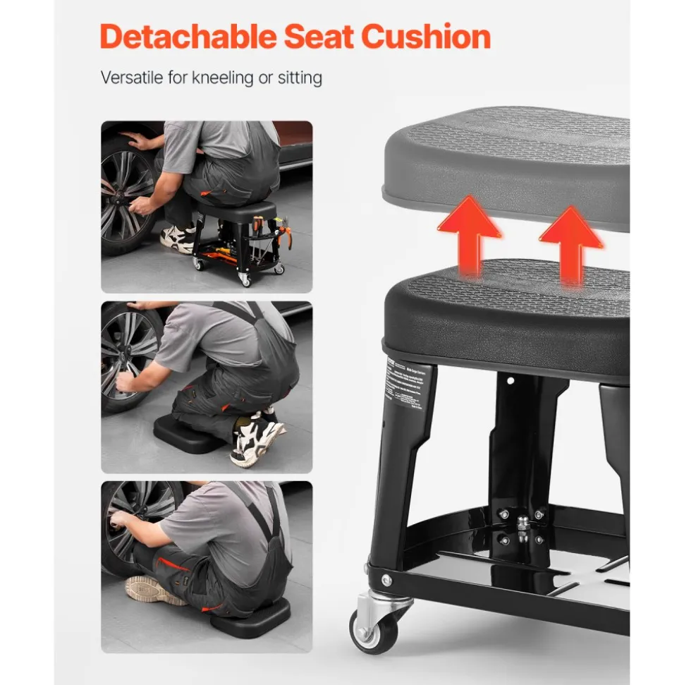 VEVOR Mechanic Stool, 300 lbs Capacity Garage Seat/Work Stool with Wheels, 360° Swivel Rolling Workshop Stool with Tool Tray and Screwdriver Rack, Heavy-Duty, for Garage, Shop & Auto Repair, Black