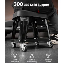 VEVOR Mechanic Stool, 300 lbs Capacity Garage Seat/Work Stool with Wheels, 360° Swivel Rolling Workshop Stool with Tool Tray and Screwdriver Rack, Heavy-Duty, for Garage, Shop & Auto Repair, Black