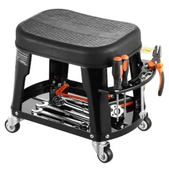 VEVOR Mechanic Stool, 300 lbs Capacity Garage Seat/Work Stool with Wheels, 360° Swivel Rolling Workshop Stool with Tool Tray and Screwdriver Rack, Heavy-Duty, for Garage, Shop & Auto Repair, Black