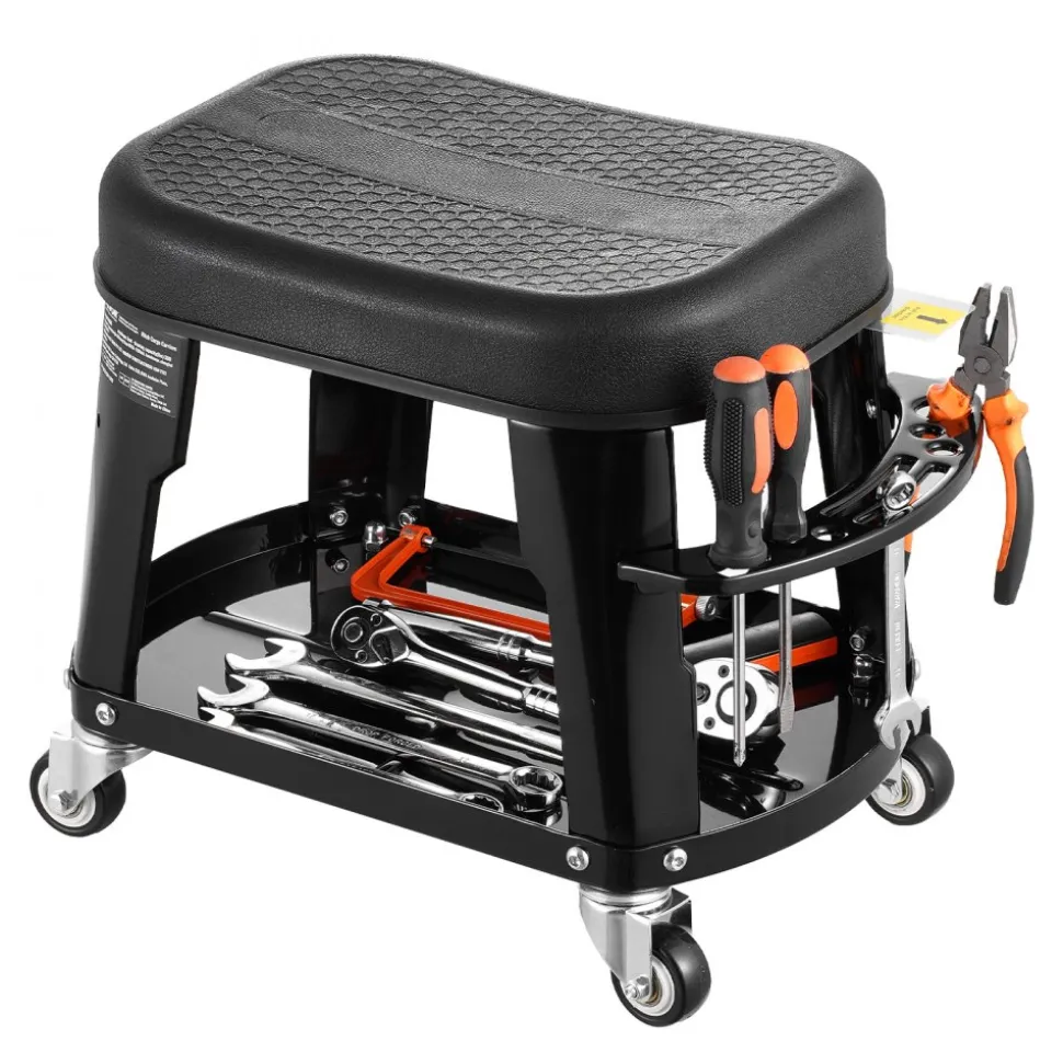 VEVOR Mechanic Stool, 300 lbs Capacity Garage Seat/Work Stool with Wheels, 360° Swivel Rolling Workshop Stool with Tool Tray and Screwdriver Rack, Heavy-Duty, for Garage, Shop & Auto Repair, Black