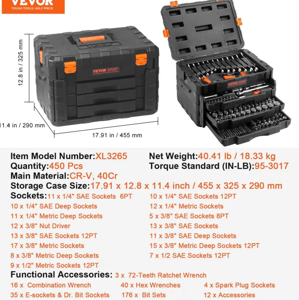 VEVOR Mechanics Tool Set and Socket Set, 1/4" 3/8" 1/2" Drive Deep and Standard Sockets, 450 Pcs SAE and Metric Mechanic Tool Kit with Bits, Hex Wrenches, Combination Wrench, Accessories, Storage Case