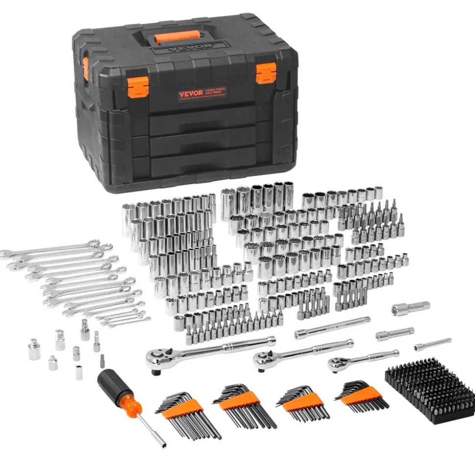 VEVOR Mechanics Tool Set and Socket Set, 1/4" 3/8" 1/2" Drive Deep and Standard Sockets, 450 Pcs SAE and Metric Mechanic Tool Kit with Bits, Hex Wrenches, Combination Wrench, Accessories, Storage Case