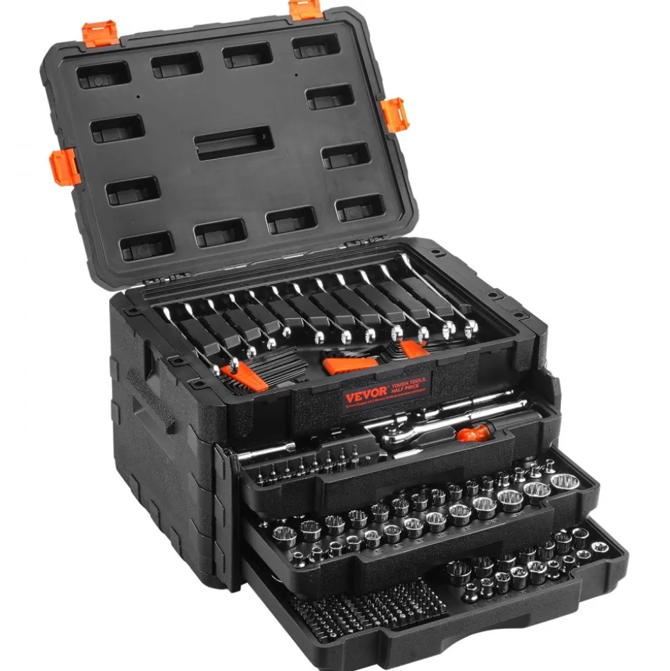 VEVOR Mechanics Tool Set and Socket Set, 1/4" 3/8" 1/2" Drive Deep and Standard Sockets, 450 Pcs SAE and Metric Mechanic Tool Kit with Bits, Hex Wrenches, Combination Wrench, Accessories, Storage Case