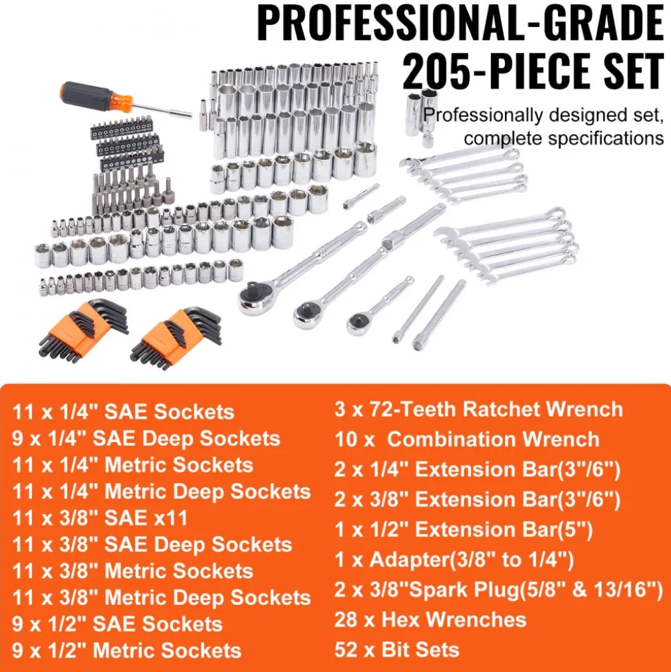 VEVOR Mechanics Tool Set and Socket Set, 1/4" 3/8" 1/2" Drive Deep and Standard Sockets, 205 Pcs SAE and Metric Mechanic Tool Kit with Bits, Combination Wrench, Hex Wrenches, Accessories, Storage Case