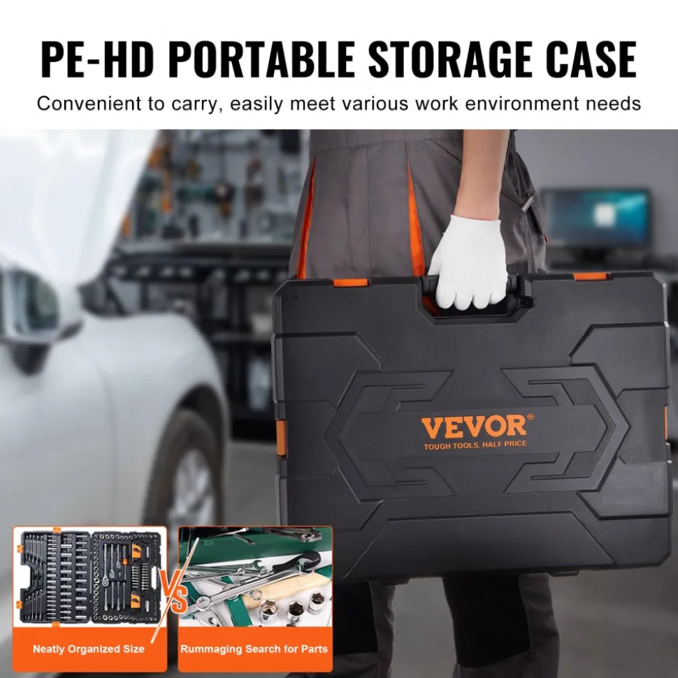 VEVOR Mechanics Tool Set and Socket Set, 1/4" 3/8" 1/2" Drive Deep and Standard Sockets, 205 Pcs SAE and Metric Mechanic Tool Kit with Bits, Combination Wrench, Hex Wrenches, Accessories, Storage Case