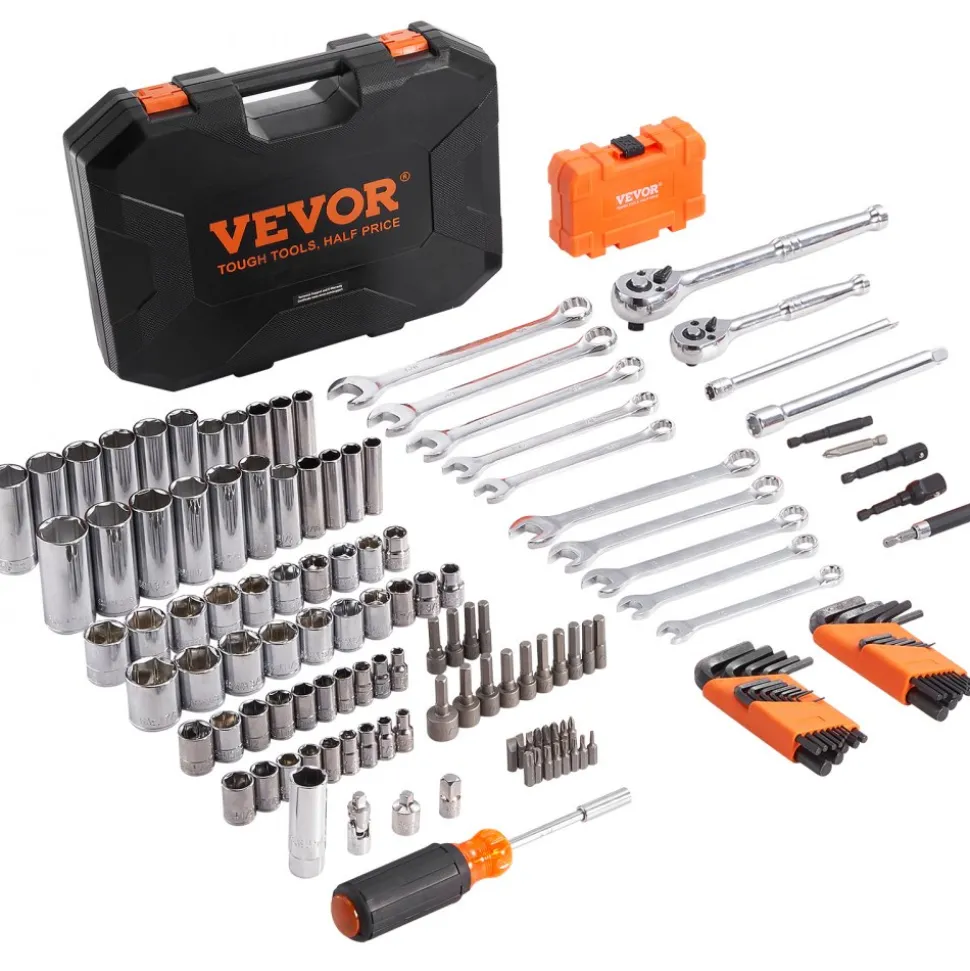 VEVOR Mechanics Tool Set and Socket Set, 1/4" and 3/8" Drive Deep and Standard Sockets, 145 Pcs SAE and Metric Mechanic Tool Kit with Bits, Combination Wrench, Hex Wrenches, Accessories, Storage Case