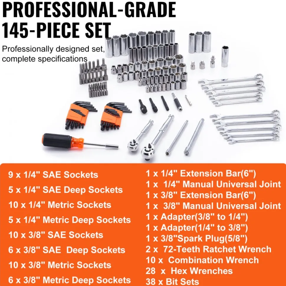 VEVOR Mechanics Tool Set and Socket Set, 1/4" and 3/8" Drive Deep and Standard Sockets, 145 Pcs SAE and Metric Mechanic Tool Kit with Bits, Combination Wrench, Hex Wrenches, Accessories, Storage Case