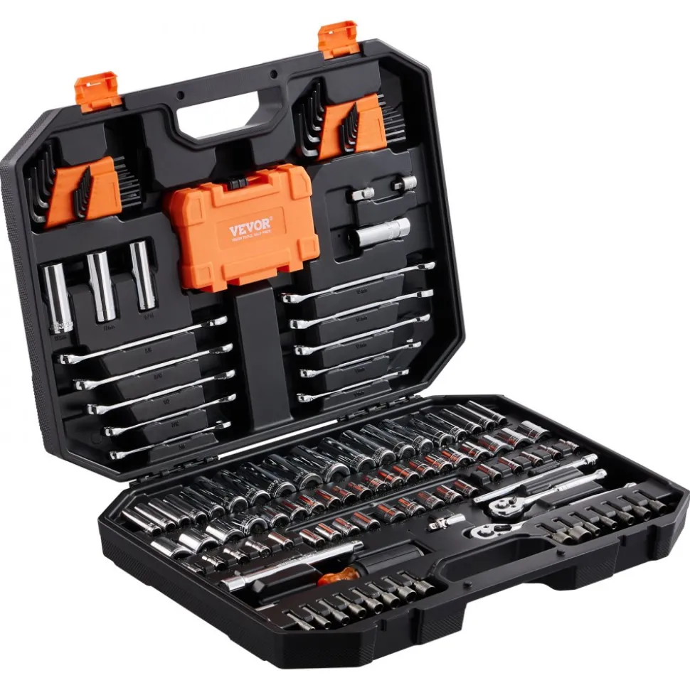 VEVOR Mechanics Tool Set and Socket Set, 1/4" and 3/8" Drive Deep and Standard Sockets, 145 Pcs SAE and Metric Mechanic Tool Kit with Bits, Combination Wrench, Hex Wrenches, Accessories, Storage Case
