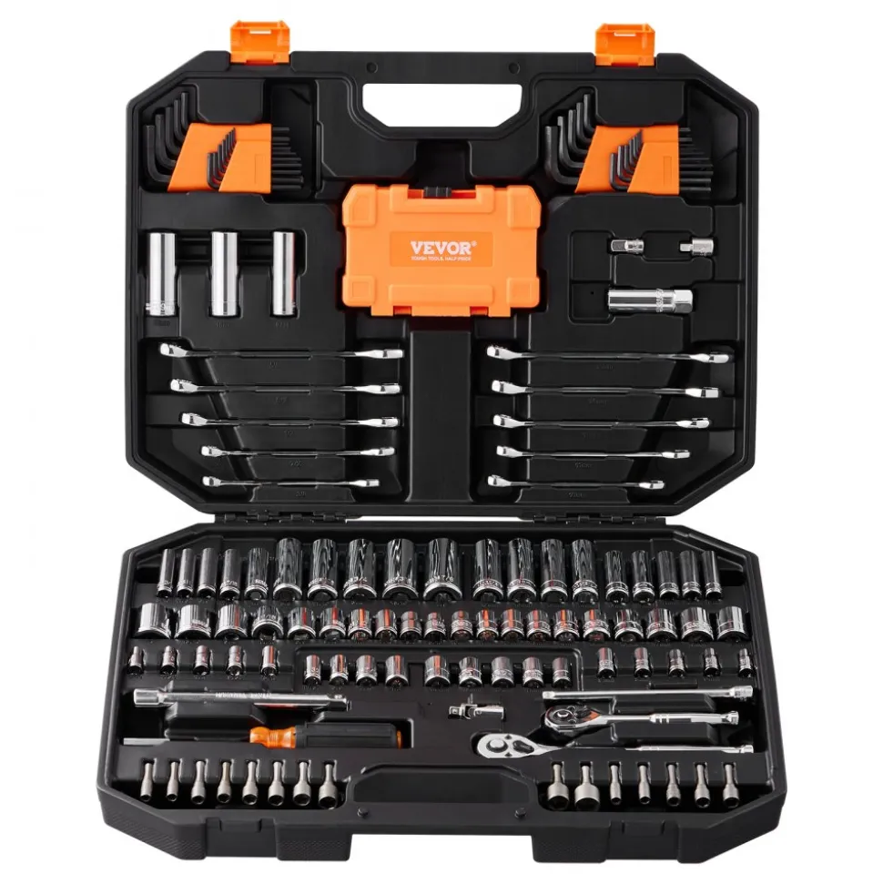 VEVOR Mechanics Tool Set and Socket Set, 1/4" and 3/8" Drive Deep and Standard Sockets, 145 Pcs SAE and Metric Mechanic Tool Kit with Bits, Combination Wrench, Hex Wrenches, Accessories, Storage Case