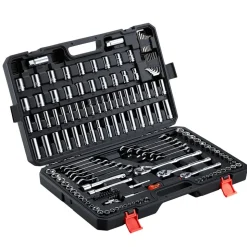 VEVOR Mechanics Tool Set, 159-Piece Mechanic Tool Kit, 1/4 in, 3/8 in, and 1/2 in Drive, SAE and Metric Socket Set, Wrenches, Screwdriver Bits, Accessories, and Storage Case, for Automotive Repair