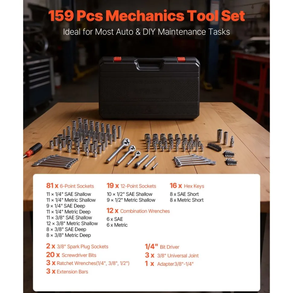 VEVOR Mechanics Tool Set, 159-Piece Mechanic Tool Kit, 1/4 in, 3/8 in, and 1/2 in Drive, SAE and Metric Socket Set, Wrenches, Screwdriver Bits, Accessories, and Storage Case, for Automotive Repair