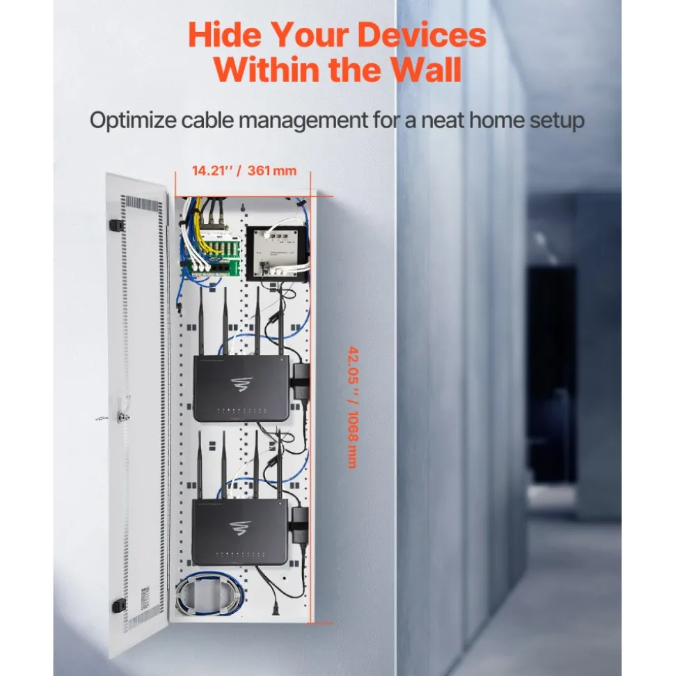 VEVOR Media Enclosure, 42-Inch, Structured Media Center with Vented Hinged Door, Cable Management Box, Structured Wiring Multi-Media Cabinet, Recessed Electrical Media Box, for Network Distribution