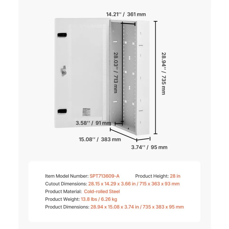 VEVOR Media Enclosure, 28-Inch, Structured Media Center with Vented Hinged Door, Cable Management Box, Structured Wiring Multi-Media Cabinet, Recessed Electrical Media Box, for Network Distribution