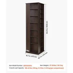 VEVOR Media Storage Cabinet, CD Rack Tower, 34 Compartments Rotating Media Tower Rack for CDs, DVDs, Books and Game Discs, DVD Stand for Living Room, Home Office and Recording Room, Brown