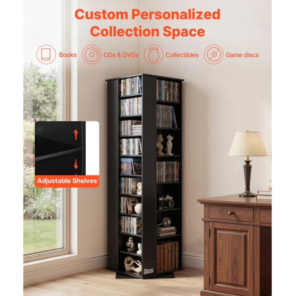 VEVOR Media Storage Cabinet, CD Rack Tower, 34 Compartments Rotating Media Tower Rack for CDs, DVDs, Books and Game Discs, DVD Stand for Living Room, Home Office and Recording Room, Black