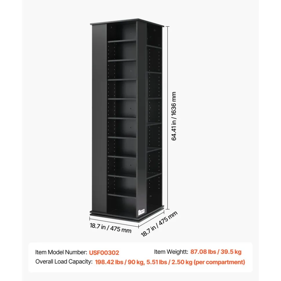 VEVOR Media Storage Cabinet, CD Rack Tower, 34 Compartments Rotating Media Tower Rack for CDs, DVDs, Books and Game Discs, DVD Stand for Living Room, Home Office and Recording Room, Black