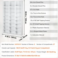 VEVOR Media Storage Cabinet, 9-layer DVD Shelf Holds up to 756 CDs, Adjustable CD Shelves 27 Compartments, Protects & Organizes Music, Movie, Video Games or Memorabilia Collections,White