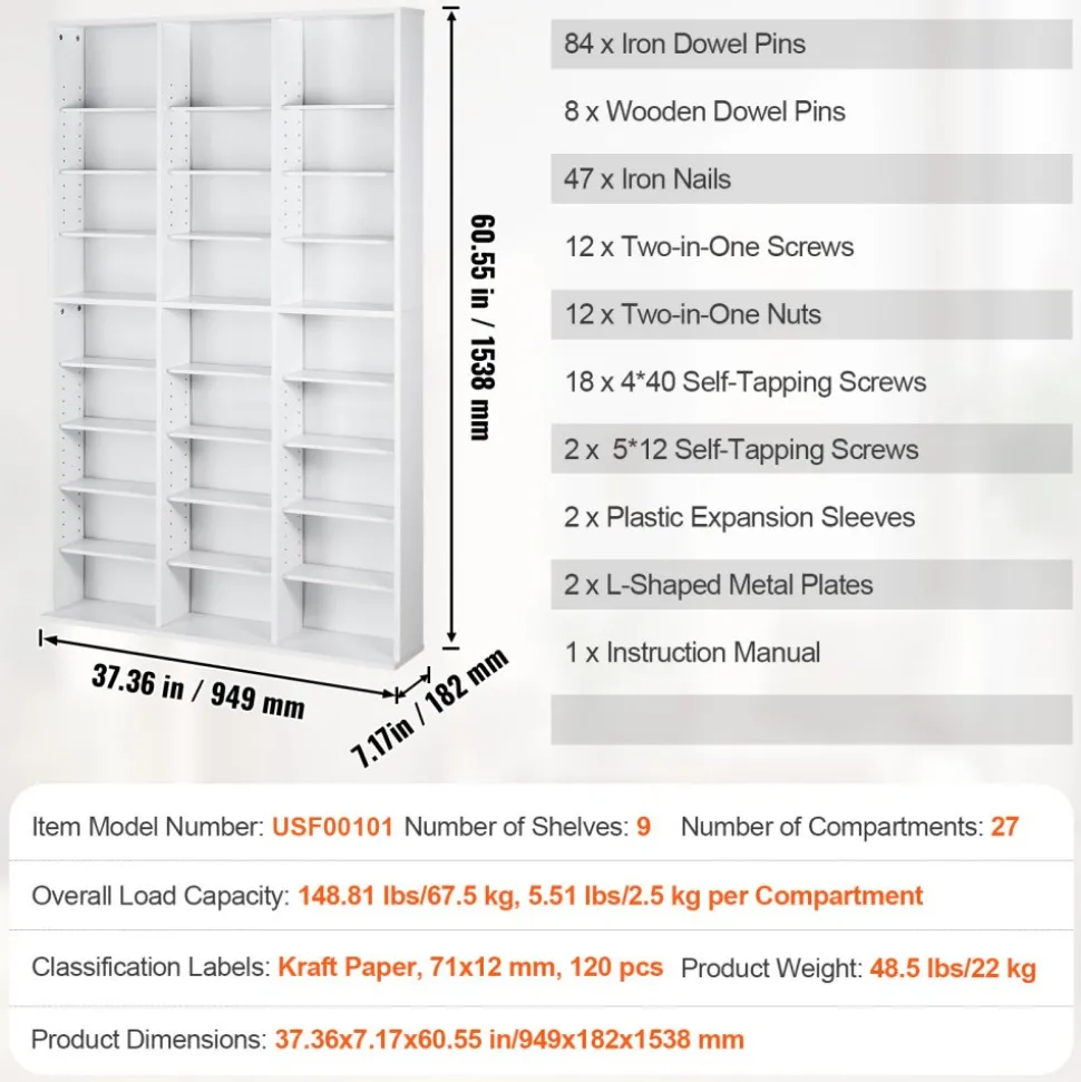 VEVOR Media Storage Cabinet, 9-layer DVD Shelf Holds up to 756 CDs, Adjustable CD Shelves 27 Compartments, Protects & Organizes Music, Movie, Video Games or Memorabilia Collections,White
