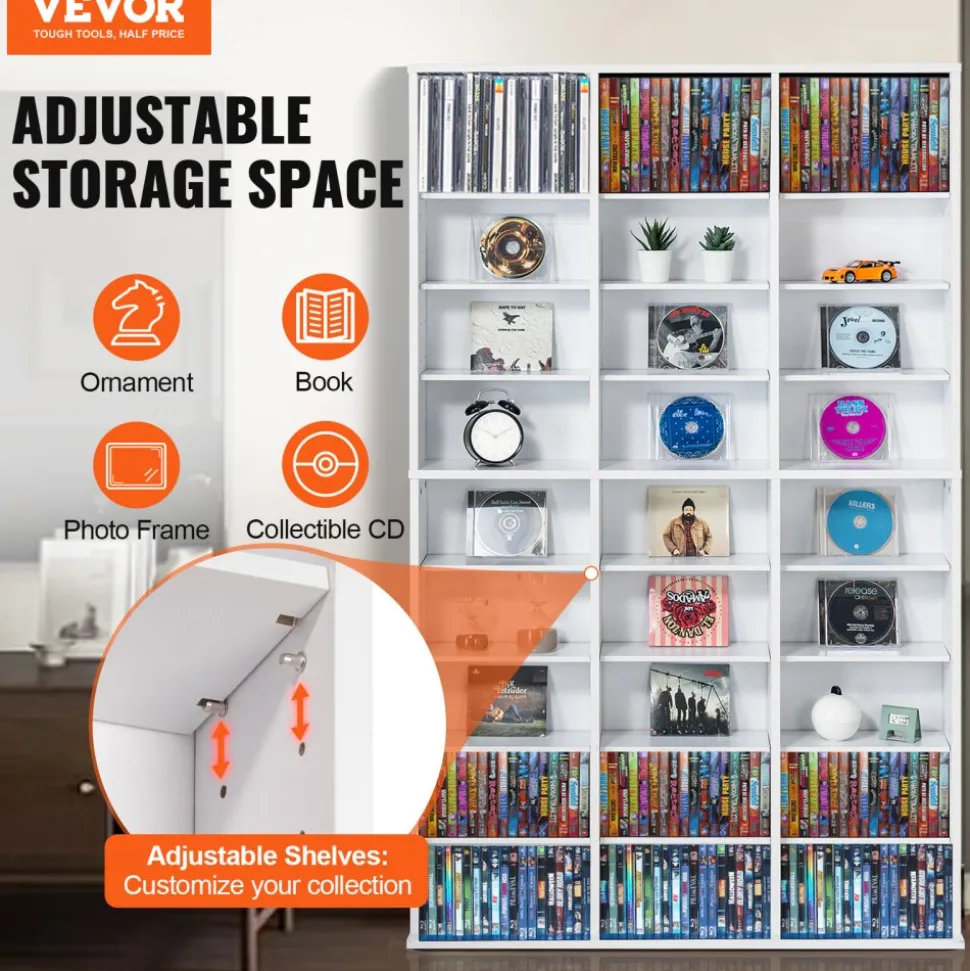 VEVOR Media Storage Cabinet, 9-layer DVD Shelf Holds up to 756 CDs, Adjustable CD Shelves 27 Compartments, Protects & Organizes Music, Movie, Video Games or Memorabilia Collections,White