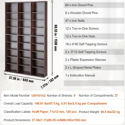 VEVOR Media Storage Cabinet, 9-layer DVD Shelf Holds up to 756 CDs, Adjustable CD Shelves 27 Compartments, Protects & Organizes Music, Movie, Video Games or Memorabilia Collections, Espresso