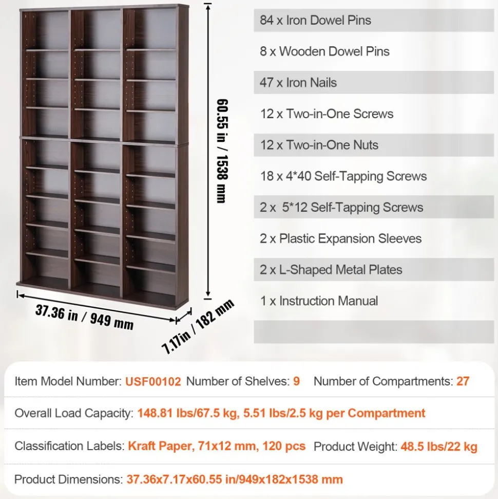 VEVOR Media Storage Cabinet, 9-layer DVD Shelf Holds up to 756 CDs, Adjustable CD Shelves 27 Compartments, Protects & Organizes Music, Movie, Video Games or Memorabilia Collections, Espresso
