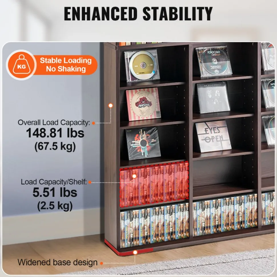 VEVOR Media Storage Cabinet, 9-layer DVD Shelf Holds up to 756 CDs, Adjustable CD Shelves 27 Compartments, Protects & Organizes Music, Movie, Video Games or Memorabilia Collections, Espresso