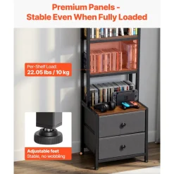 VEVOR Media Storage Cabinet, 4-Shelf DVD Shelf Organizer with Drawers, 15.75 x 11.81 x 56.50 in Multimedia Storage Organizer for CDs, DVDs, Books and Games, CD Cabinet for Living Room, Home Office