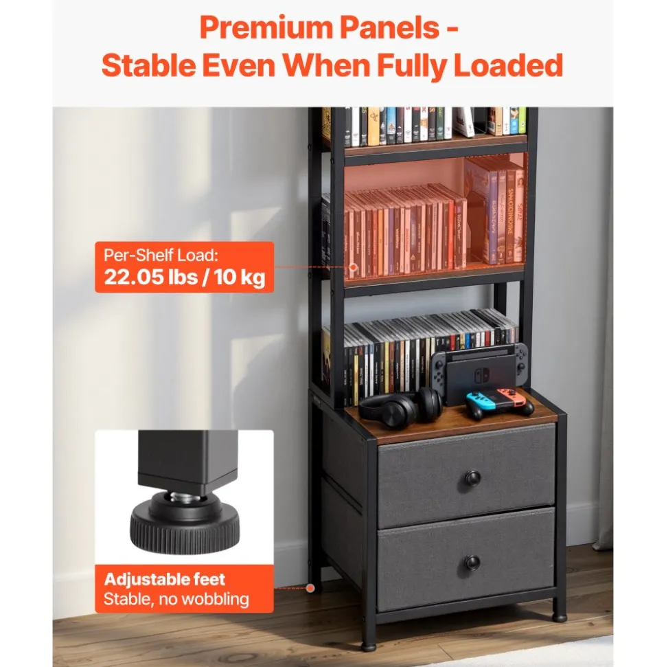 VEVOR Media Storage Cabinet, 4-Shelf DVD Shelf Organizer with Drawers, 15.75 x 11.81 x 56.50 in Multimedia Storage Organizer for CDs, DVDs, Books and Games, CD Cabinet for Living Room, Home Office