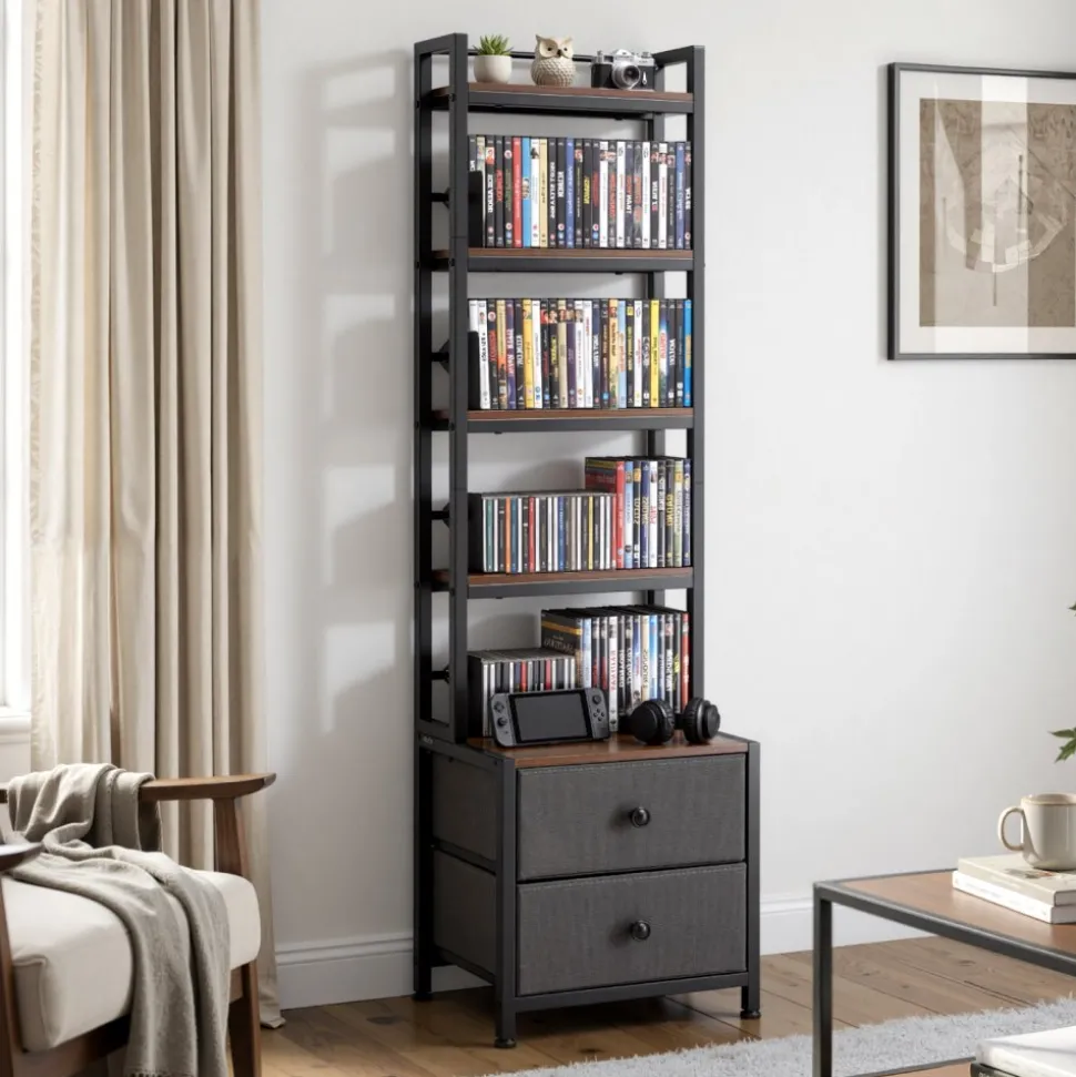 VEVOR Media Storage Cabinet, 4-Shelf DVD Shelf Organizer with Drawers, 15.75 x 11.81 x 56.50 in Multimedia Storage Organizer for CDs, DVDs, Books and Games, CD Cabinet for Living Room, Home Office