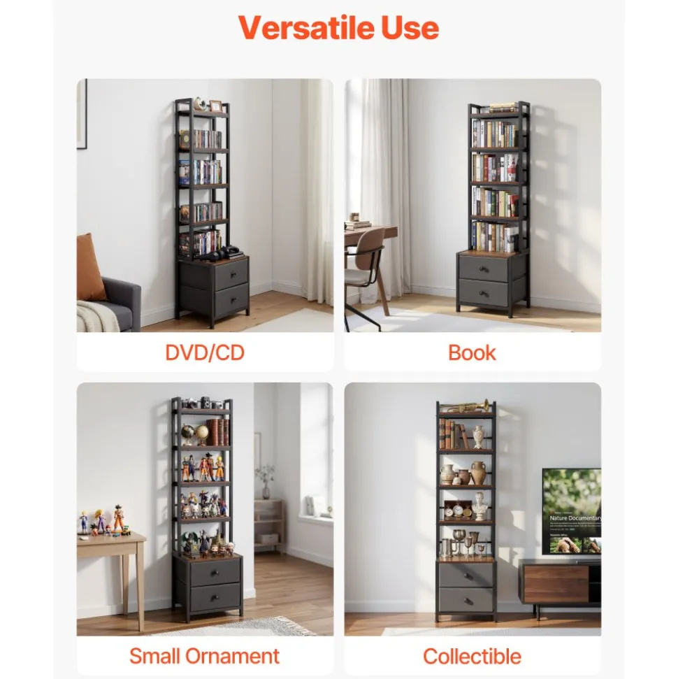 VEVOR Media Storage Cabinet, 4-Shelf DVD Shelf Organizer with Drawers, 15.75 x 11.81 x 56.50 in Multimedia Storage Organizer for CDs, DVDs, Books and Games, CD Cabinet for Living Room, Home Office