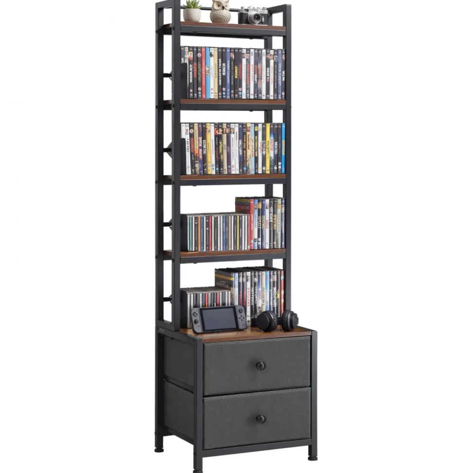 VEVOR Media Storage Cabinet, 4-Shelf DVD Shelf Organizer with Drawers, 15.75 x 11.81 x 56.50 in Multimedia Storage Organizer for CDs, DVDs, Books and Games, CD Cabinet for Living Room, Home Office