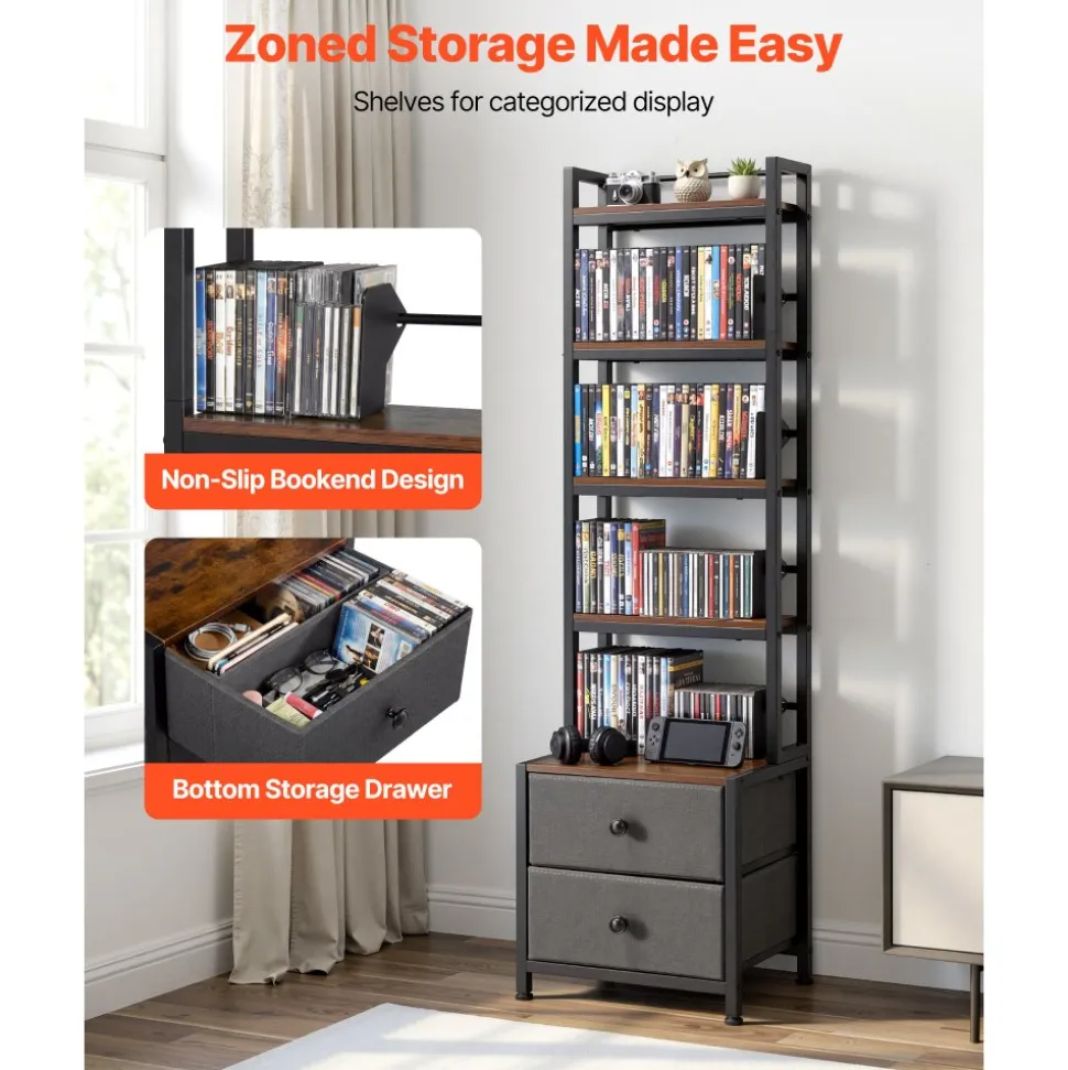 VEVOR Media Storage Cabinet, 4-Shelf DVD Shelf Organizer with Drawers, 15.75 x 11.81 x 56.50 in Multimedia Storage Organizer for CDs, DVDs, Books and Games, CD Cabinet for Living Room, Home Office