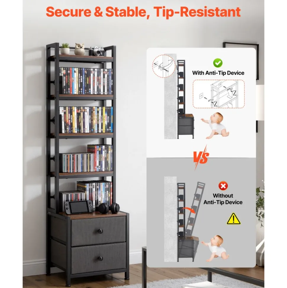 VEVOR Media Storage Cabinet, 4-Shelf DVD Shelf Organizer with Drawers, 15.75 x 11.81 x 56.50 in Multimedia Storage Organizer for CDs, DVDs, Books and Games, CD Cabinet for Living Room, Home Office