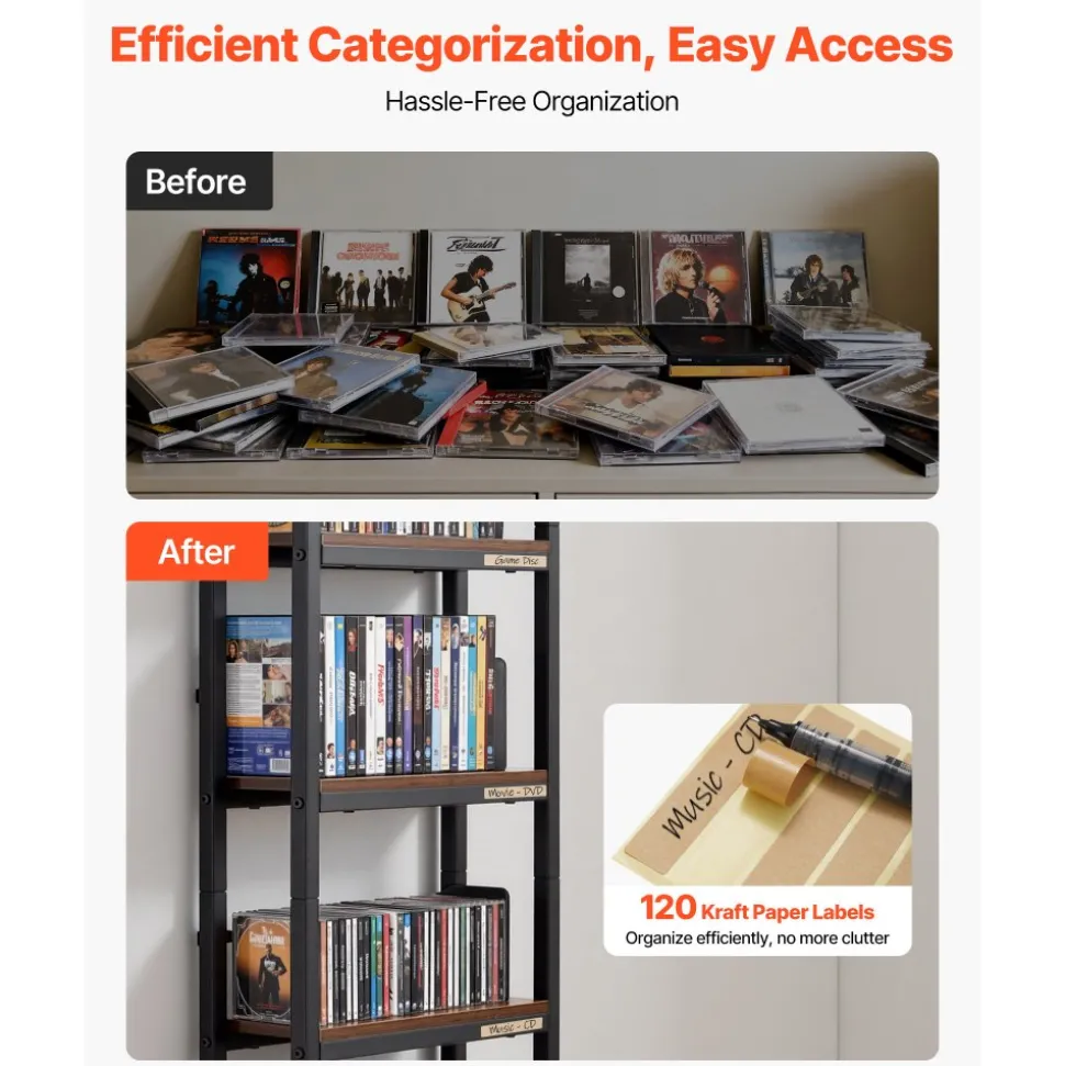 VEVOR Media Storage Cabinet, 4-Shelf DVD Shelf Organizer with Drawers, 15.75 x 11.81 x 56.50 in Multimedia Storage Organizer for CDs, DVDs, Books and Games, CD Cabinet for Living Room, Home Office