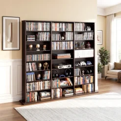 VEVOR Media Storage Cabinet, 8-Tier DVD Shelf Organizer, 55.91 x 8.66 x 51.18 in Multimedia Storage Organizer for CDs, DVDs, Books & Games, CD Shelf for Living Room, Home Office, Recording Room, Brown