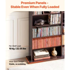VEVOR Media Storage Cabinet, 8-Tier DVD Shelf Organizer, 55.91 x 8.66 x 51.18 in Multimedia Storage Organizer for CDs, DVDs, Books & Games, CD Shelf for Living Room, Home Office, Recording Room, Brown