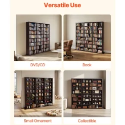 VEVOR Media Storage Cabinet, 8-Tier DVD Shelf Organizer, 55.91 x 8.66 x 51.18 in Multimedia Storage Organizer for CDs, DVDs, Books & Games, CD Shelf for Living Room, Home Office, Recording Room, Brown