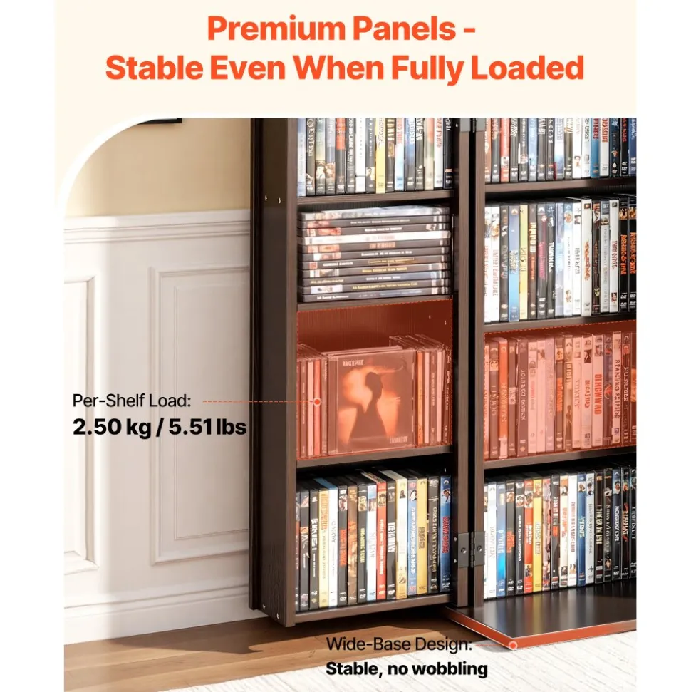 VEVOR Media Storage Cabinet, 4-Tier DVD Shelf Organizer, 24.02 x 14.49 x 33.31 in Multimedia Storage Organizer for CDs, DVDs, Books, Games, CD Shelf for Living Room, Home Office, Recording Room, Brown