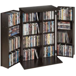 VEVOR Media Storage Cabinet, 4-Tier DVD Shelf Organizer, 24.02 x 14.49 x 33.31 in Multimedia Storage Organizer for CDs, DVDs, Books, Games, CD Shelf for Living Room, Home Office, Recording Room, Brown