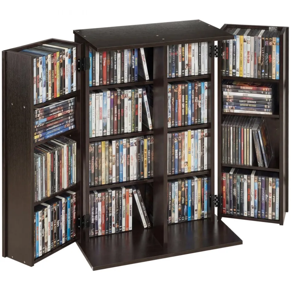VEVOR Media Storage Cabinet, 4-Tier DVD Shelf Organizer, 24.02 x 14.49 x 33.31 in Multimedia Storage Organizer for CDs, DVDs, Books, Games, CD Shelf for Living Room, Home Office, Recording Room, Brown