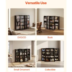 VEVOR Media Storage Cabinet, 4-Tier DVD Shelf Organizer, 24.02 x 14.49 x 33.31 in Multimedia Storage Organizer for CDs, DVDs, Books, Games, CD Shelf for Living Room, Home Office, Recording Room, Brown