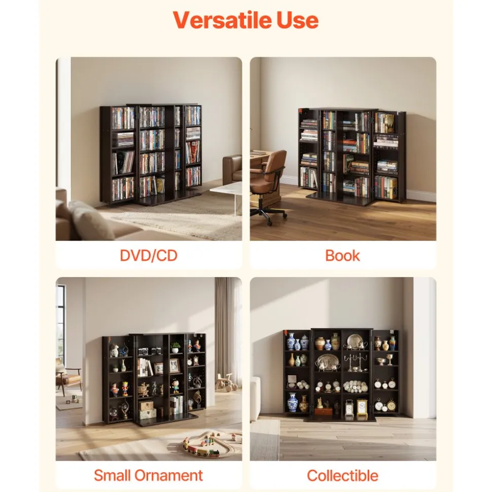 VEVOR Media Storage Cabinet, 4-Tier DVD Shelf Organizer, 24.02 x 14.49 x 33.31 in Multimedia Storage Organizer for CDs, DVDs, Books, Games, CD Shelf for Living Room, Home Office, Recording Room, Brown