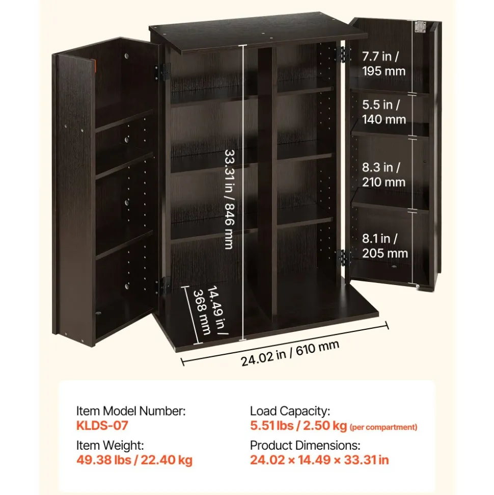 VEVOR Media Storage Cabinet, 4-Tier DVD Shelf Organizer, 24.02 x 14.49 x 33.31 in Multimedia Storage Organizer for CDs, DVDs, Books, Games, CD Shelf for Living Room, Home Office, Recording Room, Brown