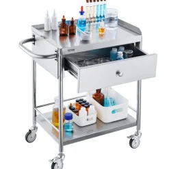VEVOR Medical Cart, 2-Layer Stainless Steel Cart 220 lbs Weight Capacity, Lab Utility Cart with 360° Silent Wheels and a Drawer for Lab, Clinic, Kitchen, Salon