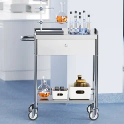 VEVOR Medical Cart, 2-Layer Stainless Steel Cart 220 lbs Weight Capacity, Lab Utility Cart with 360° Silent Wheels and a Drawer for Lab, Clinic, Kitchen, Salon