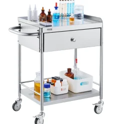 VEVOR Medical Cart, 2-Layer Stainless Steel Cart 220 lbs Weight Capacity, Lab Utility Cart with 360° Silent Wheels and a Drawer for Lab, Clinic, Kitchen, Salon