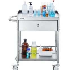 VEVOR Medical Cart, 2-Layer Stainless Steel Cart 220 lbs Weight Capacity, Lab Utility Cart with 360° Silent Wheels and a Drawer for Lab, Clinic, Kitchen, Salon